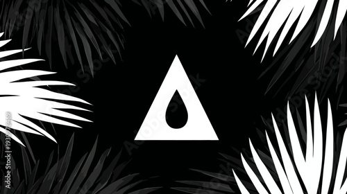 A geometric white triangle shape with a water droplet surrounded by dark and bright leaf details