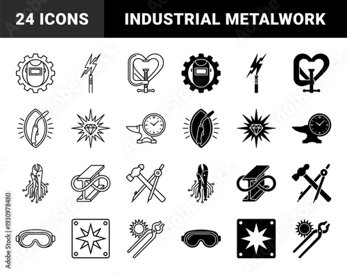 Industrial metalwork and welding symbols merging heavy machinery tools with conceptual metaphors like time infinity and organic growth