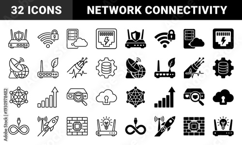 Hybrid network and connectivity icons featuring merged concepts like router security shield satellite earth data gear and fiber optic cable speed