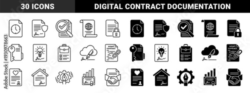 Legal and financial document icons featuring hybrid symbols for smart contracts digital signatures property deeds and business agreements in outline and solid styles