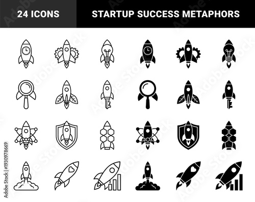 Abstract rocket hybrid symbols combining spacecraft silhouettes with clock gear lightbulb shield key leaf atom heart and graph metaphors for progress