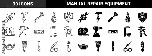 Hybrid manual tool collection merging hardware with abstract concepts featuring wrench gear lightning hammer level star and measurement symbols