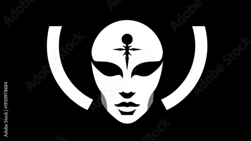 A stylized mask in stark black and white. Features crescent shapes and a central symbol on the forehead