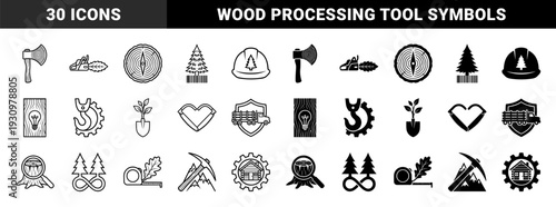 Professional forestry and timber industry symbols featuring hybrid conceptual designs merging wood textures with industrial tools and ecological growth
