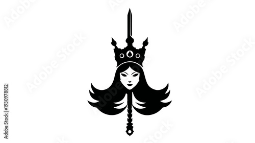 A stylized female figure featuring a crown pierced by a sword, with flowing hair
