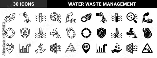 Industrial water treatment and pollution monitoring symbols featuring hybrid designs of pipes factory smoke biohazard symbols and filtration systems in outline and solid styles