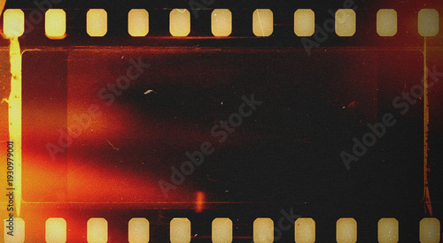 Vintage Grunge 35mm Film Strip Frame with Light Leak Burn and Scratch Dust Texture on Dark Background