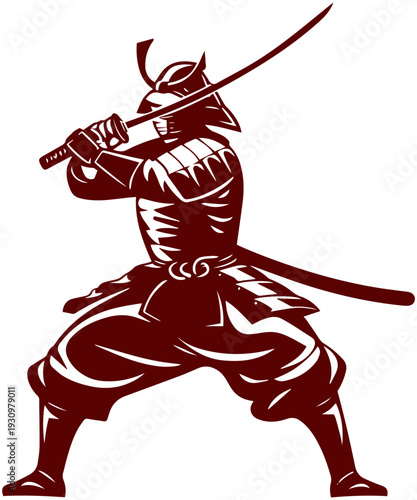 Samurai warrior in dynamic sword fighting stance with traditional Japanese armor