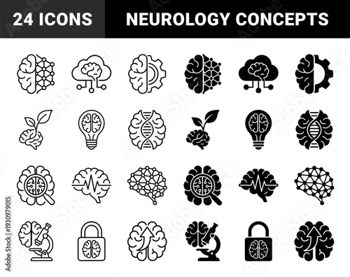 Brain and conceptual hybrid symbols featuring dual outline and solid styles merging neurology with technology biology security and growth elements