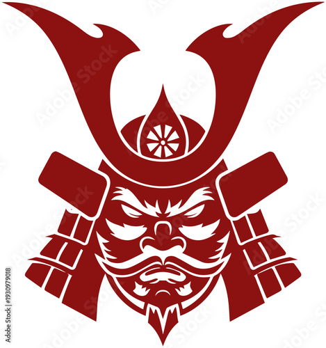 Samurai warrior helmet with intense facial expression in bold red