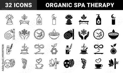 Wellness and holistic therapy hybrid icons featuring zen stones with lotus flowers massage tables with organic leaves and aromatherapy candles with crescent moon symbols