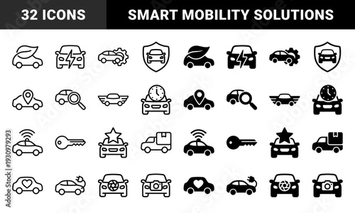 Automotive service and smart mobility hybrid symbol set featuring car silhouettes merged with eco leaves electricity gears and navigation signs