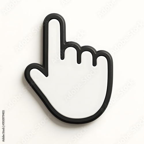 Modern 3D Hand Cursor Icon: White Pointer Finger Clicker with Black Outline, Minimalist Digital Navigation Symbol, UI/UX Web Interface Design Element on White