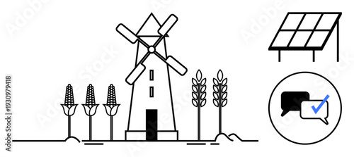 Windmill surrounded by wheat and corn, solar panels representing renewable energy, chat icons for communication. Ideal for agriculture, sustainability, teamwork, energy, rural development