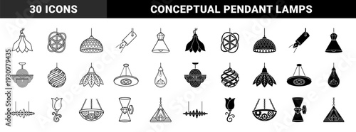 Symmetry and fusion of decorative interior lighting fixtures merging geometric shapes with nature and tool motifs in linear and solid styles