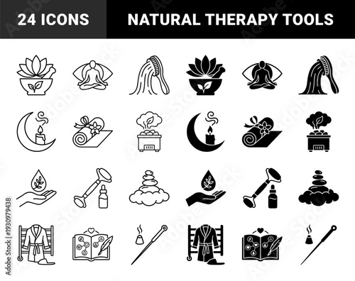 Wellness and holistic therapy icons featuring hybrid symbols of lotus flowers herbal medicine acupuncture needles and meditation for spa treatment centers