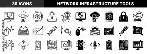 Black and white technology hybrid icons featuring computer security shields cloud server hardware artificial intelligence brain chips and data connectivity symbols