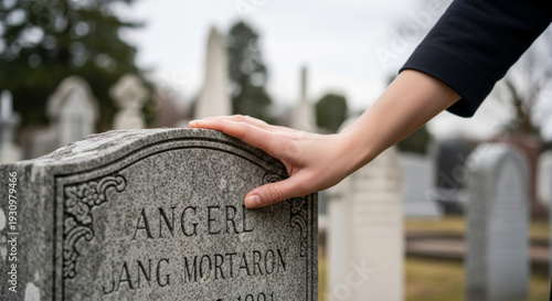 Hand Gently Touching Gravestone in Cemetery