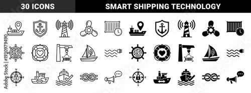 Marine logistics and maritime technology icons featuring hybrid maritime symbols like circuit board ship wheels and eco friendly sailboat leaves