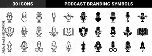 Hybrid podcast microphone symbols merging audio broadcasting with conceptual metaphors like growth strategy knowledge global communication and creative vision