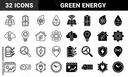 Sustainable energy management and smart ecology symbols featuring hybrid solar panels wind turbines and green home efficiency monitoring graphics