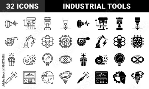 Industrial Manufacturing and Precision Engineering Hybrid Symbols Featuring Metalworking Tools Fabrication Equipment and Mechanical Monitoring Sensors