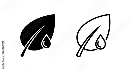 Two leaves with water droplets on stems, minimalist black and white design Vector