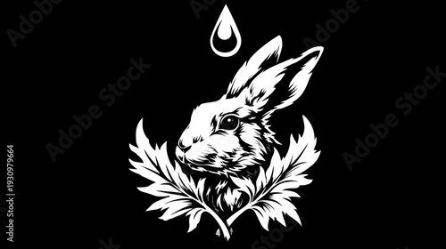 A white rabbit head with detailed fur and leaves, a stylized teardrop above, all set on black