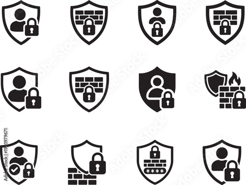 Cyber security shield icons set with firewall, user, lock protection glyph vector symbols pack.