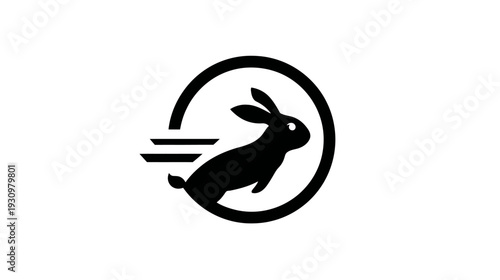 A black silhouette of a rabbit in a circle, appears in motion. Behind it are motion lines