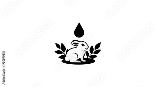 Black and white illustration of a bunny surrounded by leaves, a drop above