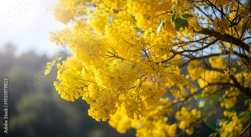 Golden blossoms of a Yellow tree in full bloom, capturing the essence of spring and natural beauty. These vibrant flowers create a stunning contrast against the natural background