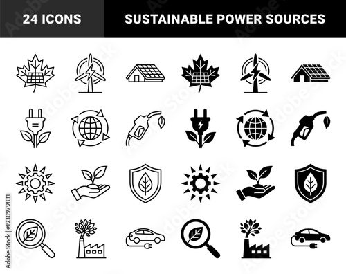 Sustainable energy hybrid icons featuring solar maple leaves wind turbine lightning bolts and electric vehicle charging plugs in line and solid styles