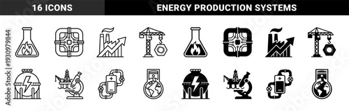 Industrial Energy and Engineering Hybrid Symbols Featuring Factory Growth Charts Crane Hardware and Science Research Equipment in Dual Stroke Styles