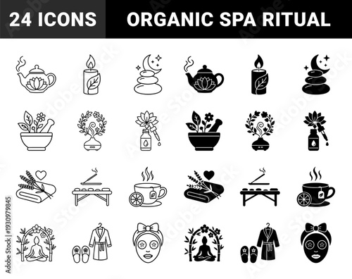 Wellness and holistic spa symbols featuring hybrid organic elements like lotus teapots and herbal mortar pestles in outline and solid styles