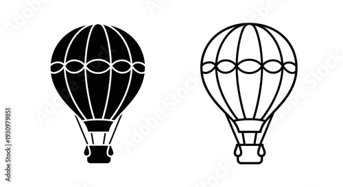 Two black and white hot air balloons with wicker baskets and ropes. Vector