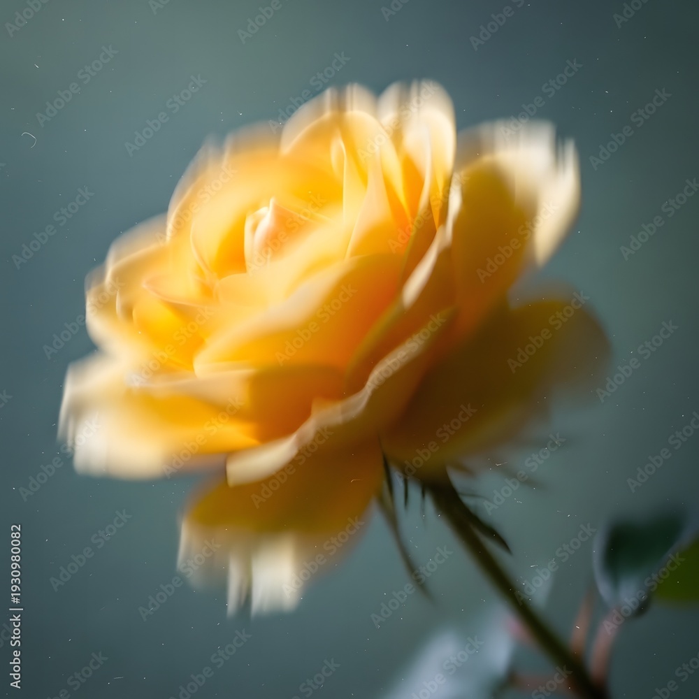 Fototapeta premium A beautiful close-up shot of a vibrant yellow rose, showcasing its delicate petals and a soft, blurred effect. This photo captures the elegance of a single flower against a subtle background.