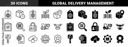Logistics and supply chain management symbols featuring hybrid designs of delivery boxes with clocks location pins and industrial forklift safety shields