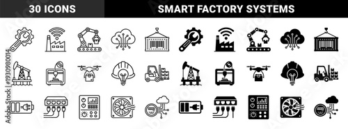 Industrial automation and smart manufacturing icons featuring hybrid designs of factory machinery combined with digital connectivity and internet of things symbols