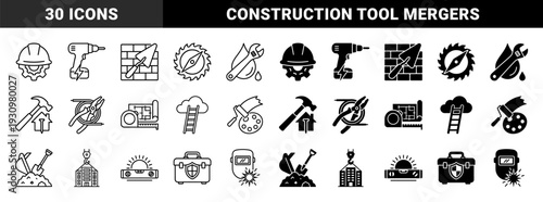 Construction and Building Trades Hybrid Symbol Set Featuring Tool Mergers Like Hammer with House and Shovel with Dirt Pile in Outline and Solid Styles