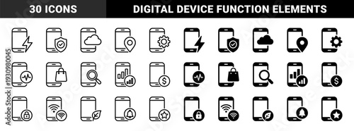 Mobile Application Interface Symbols Featuring Dual Outline and Solid Hybrid Designs for Smartphone Functionality and Digital Service Navigation