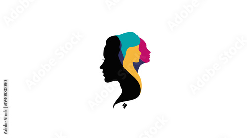 A side-profile silhouette of multiple female faces in layered colorful gradients, on white