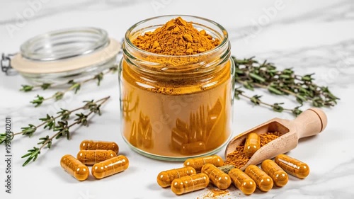 Wallpaper Mural Turmeric powder in glass jar with capsules and thyme Torontodigital.ca