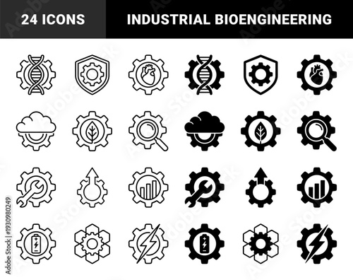 Biotechnology and industrial engineering symbols merging mechanical gear shapes with dna strands human hearts organic leaves and renewable energy elements