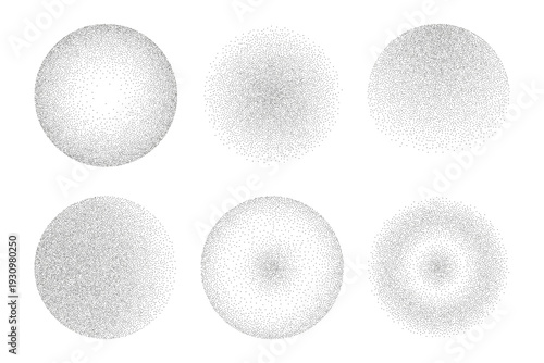 Collection of stipple circle textures with grainy halftone shading. Monochrome spray and noise effect overlays for poster, print and retro design.
