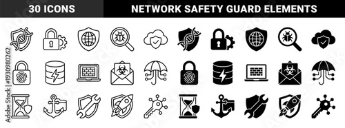 Data security and cyber protection icons featuring hybrid symbols like dna shields magnifying glass bugs and firewall laptops in outline and solid styles