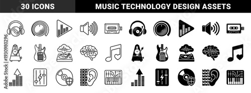 Hybrid music and audio production symbols featuring vinyl headphones cassette tape metronome guitar amp and brain wave frequency combinations