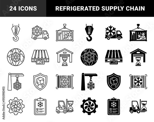 Cold chain logistics and refrigerated transport symbols featuring hybrid snowflake integration with industrial shipping equipment and storage tracking