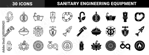 Plumbing and Sanitary Ware Symbols Merging Traditional Hardware with Modern Concepts Featuring Bio Filter Faucets Rocket Plungers and Smart Bathtubs