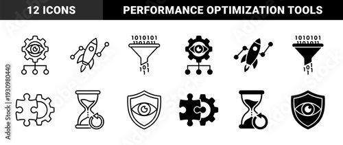 Hybrid Data Analytics and Performance Management Symbols Featuring Outline and Solid Versions of Rocket Launches Puzzle Integrations and Secure Monitoring Shields